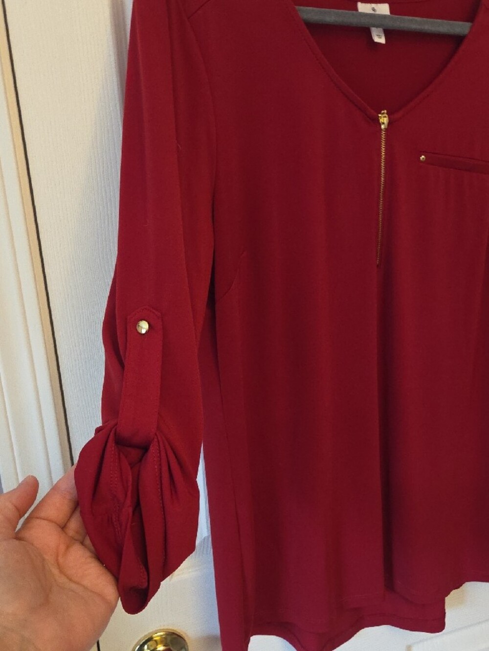 Dress Barn Burgundy Long-Sleeve V-Neck Top with Zip - Picture 2 of 3